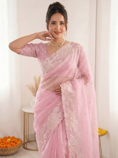 Pink Pure Organza Silk Crush Turkish Work Organza Saree