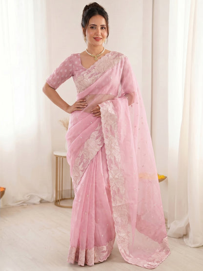 Pink Pure Organza Silk Crush Turkish Work Organza Saree