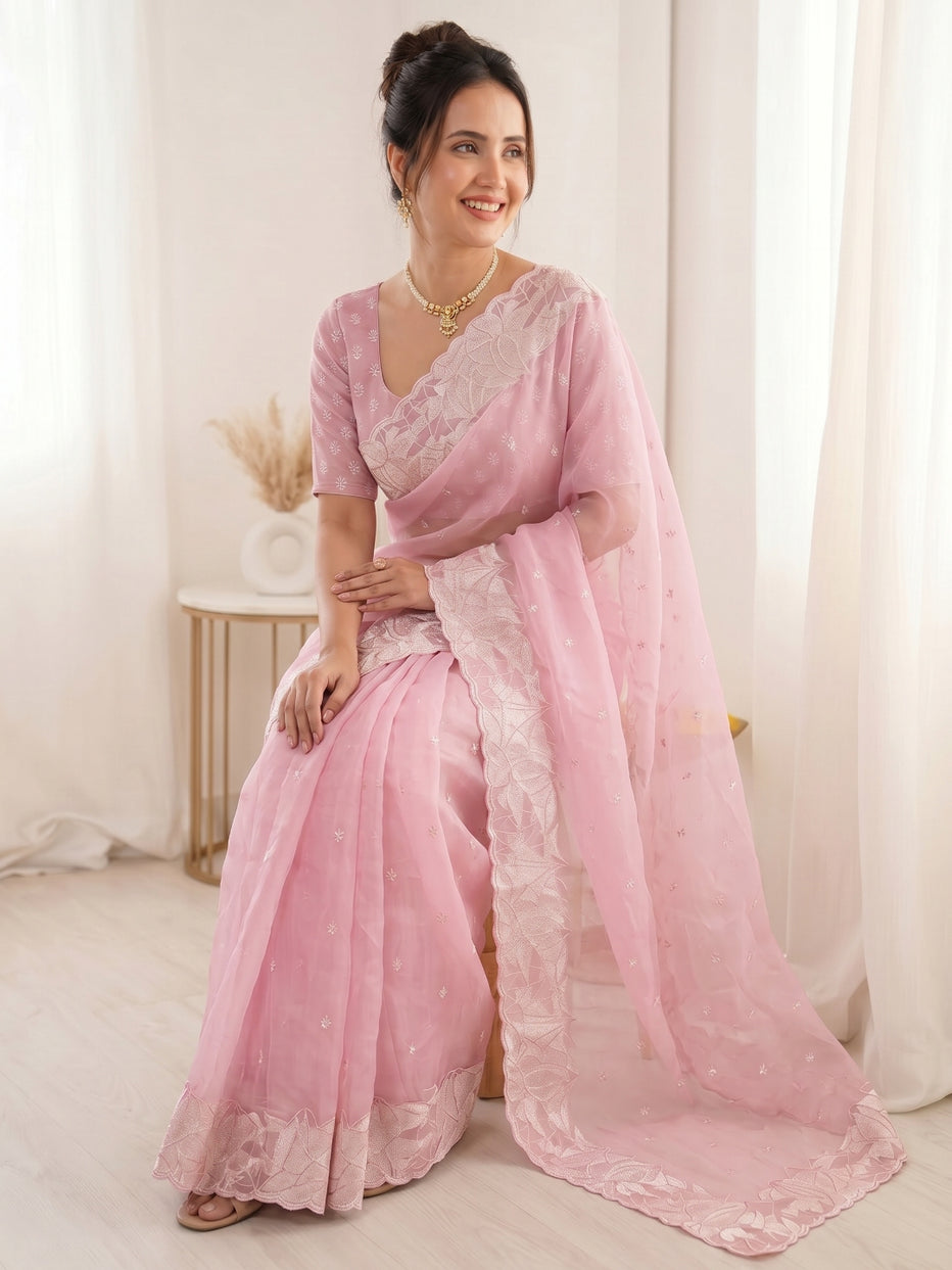 Pink Pure Organza Silk Crush Turkish Work Organza Saree