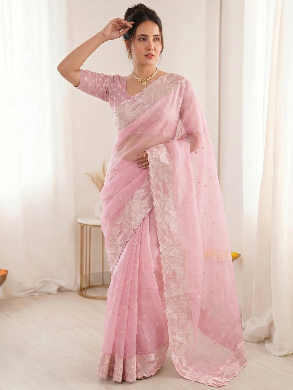 Pink Pure Organza Silk Crush Turkish Work Organza Saree
