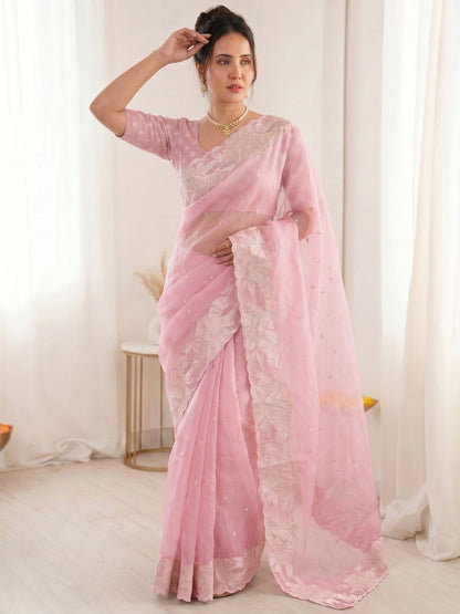 Pink Pure Organza Silk Crush Turkish Work Organza Saree