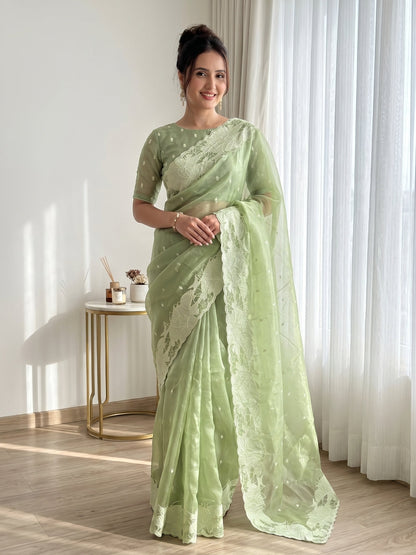 Pista Pure Organza Silk Crush Turkish Work Organza Saree