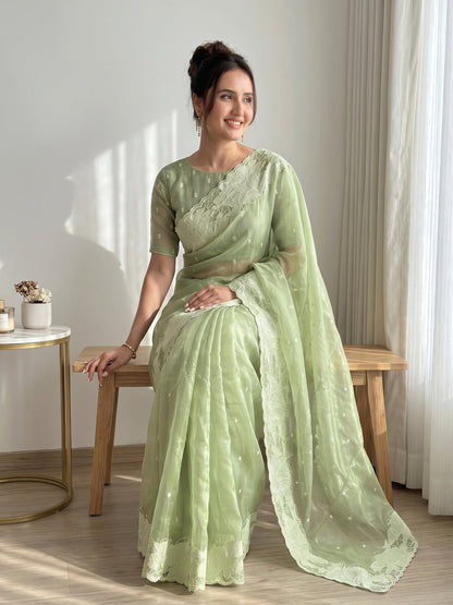 Pista Pure Organza Silk Crush Turkish Work Organza Saree