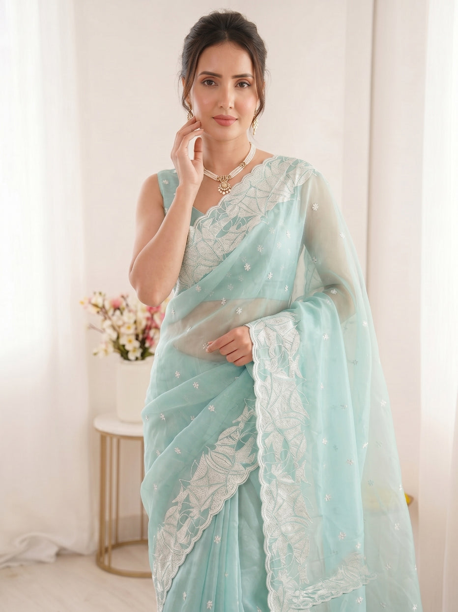 Sky Pure Organza Silk Crush Turkish Work Organza Saree
