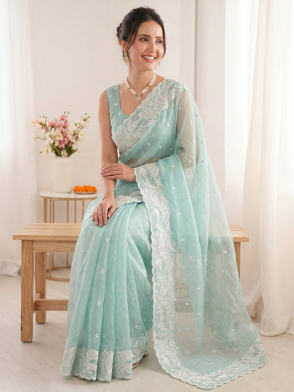 Sky Pure Organza Silk Crush Turkish Work Organza Saree