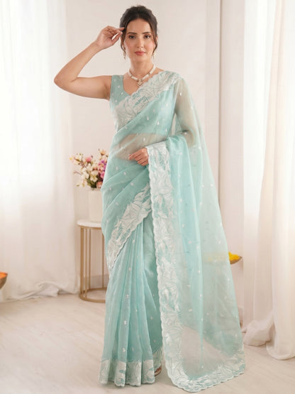 Sky Pure Organza Silk Crush Turkish Work Organza Saree