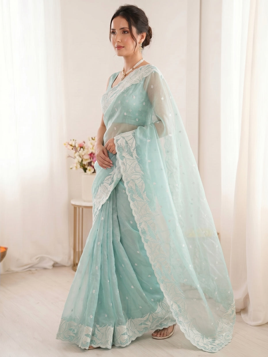 Sky Pure Organza Silk Crush Turkish Work Organza Saree