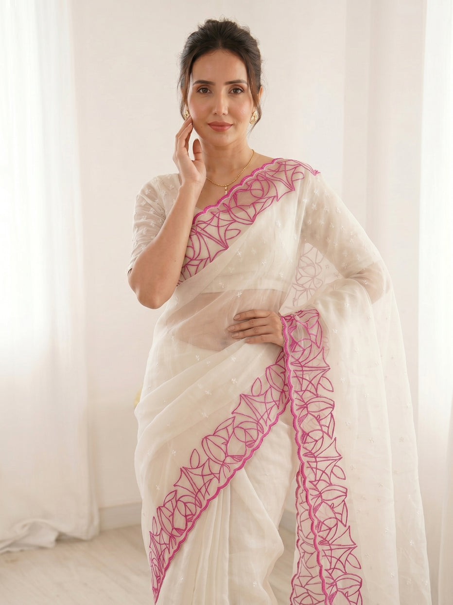 White Pure Organza Silk Crush Turkish Work Organza Saree