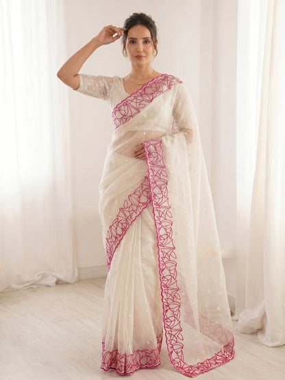 White Pure Organza Silk Crush Turkish Work Organza Saree
