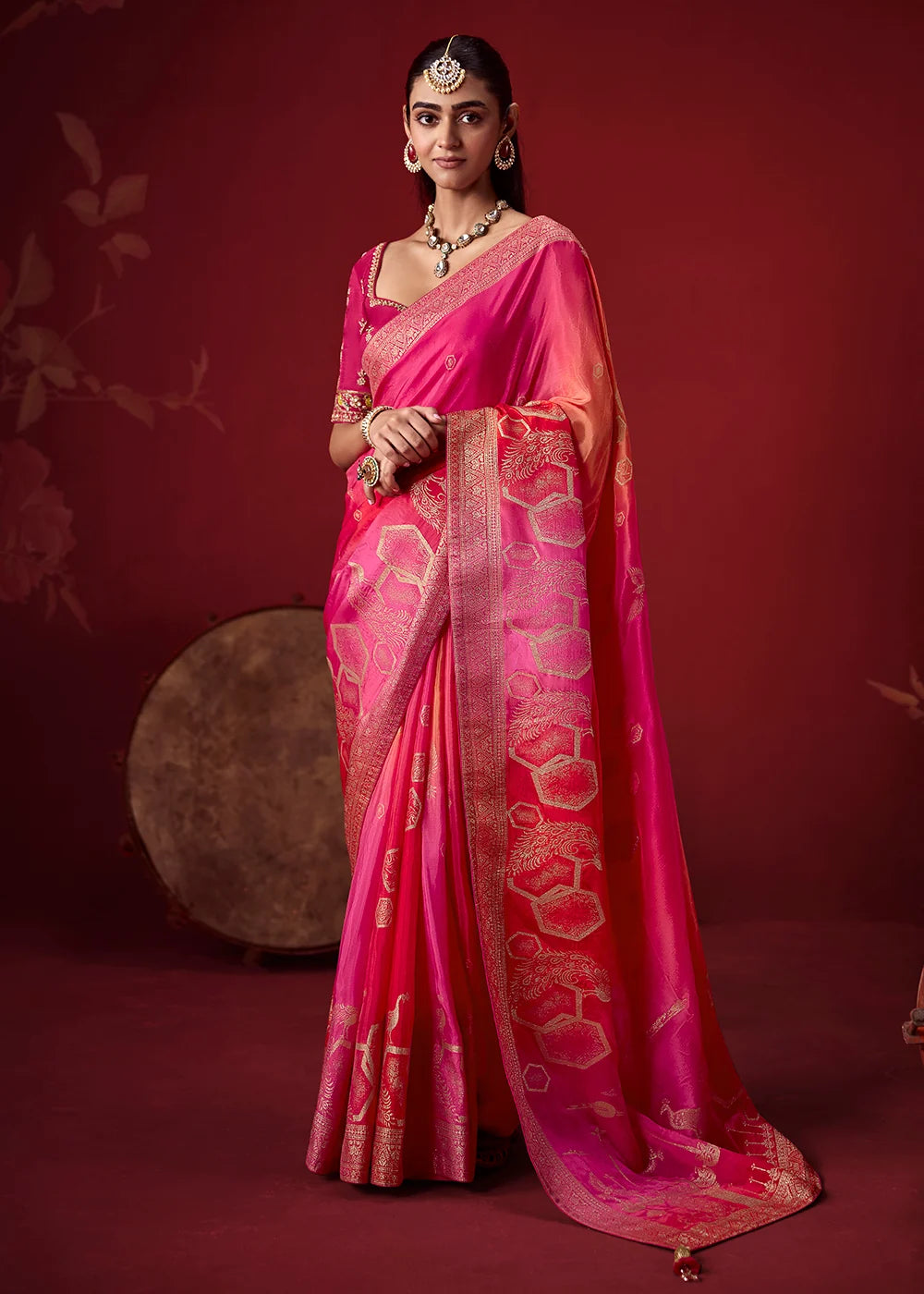 Rani Pink Dola Crape Soft Silk Saree with Zari Weaving