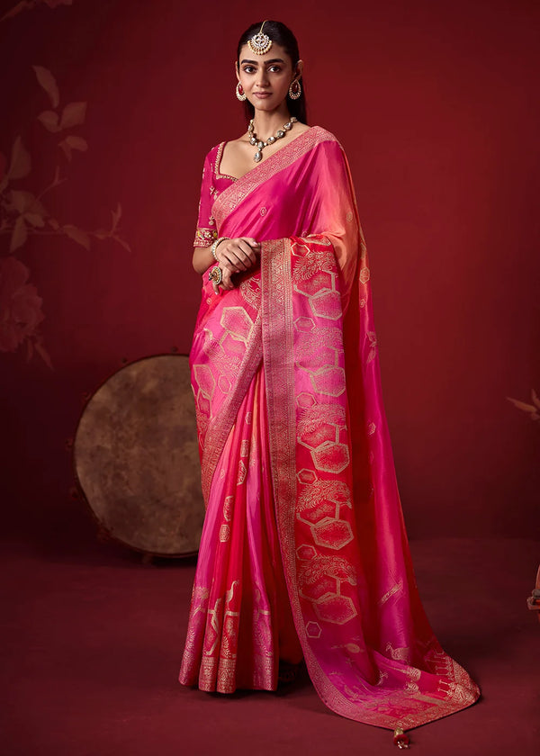 Rani Pink Dola Crape Soft Silk Saree with Zari Weaving