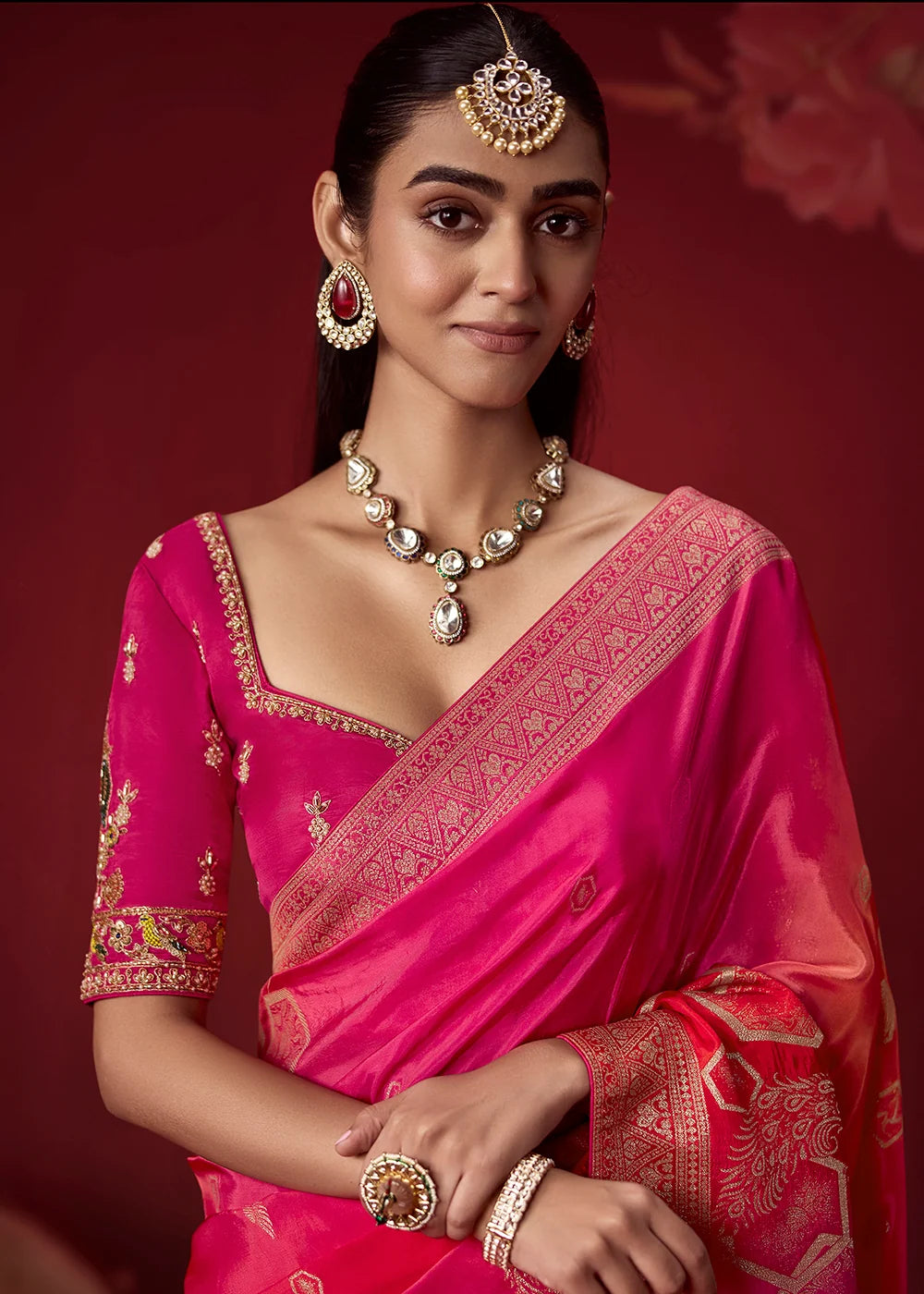 Rani Pink Dola Crape Soft Silk Saree with Zari Weaving