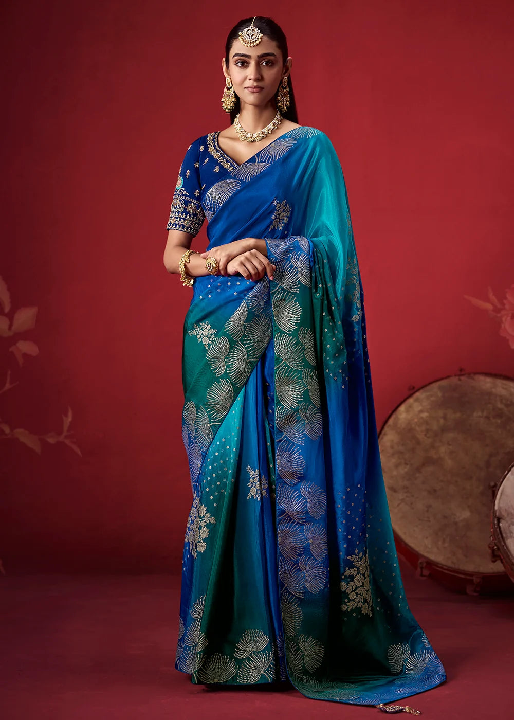 Royal Blue &amp; Teal Dola Crape Soft Silk Saree with Zari Weaving