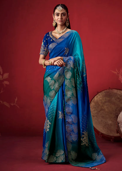 Royal Blue &amp; Teal Dola Crape Soft Silk Saree with Zari Weaving