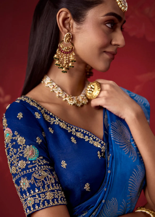 Royal Blue & Teal Dola Crape Soft Silk Saree with Zari Weaving