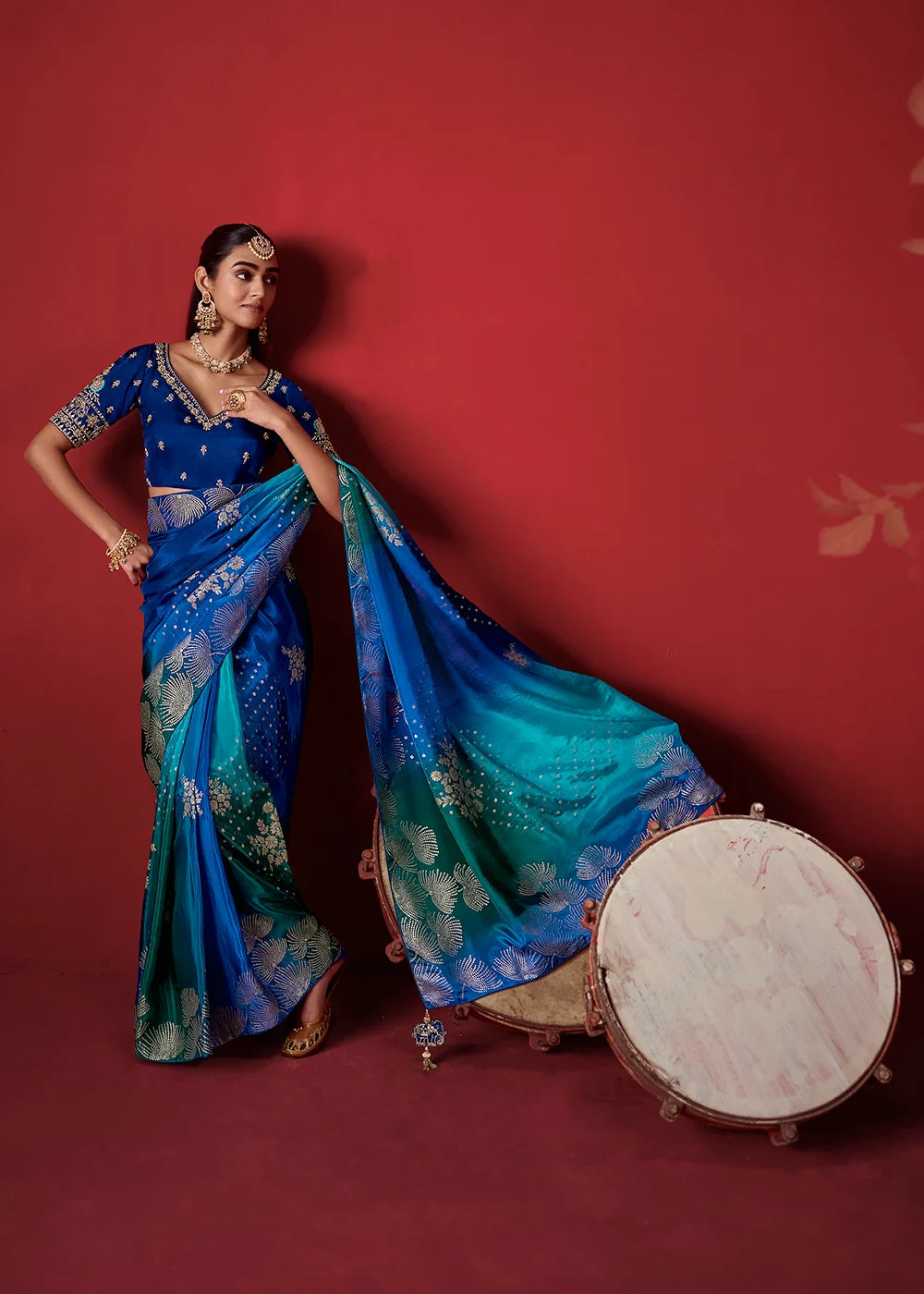 Royal Blue &amp; Teal Dola Crape Soft Silk Saree with Zari Weaving