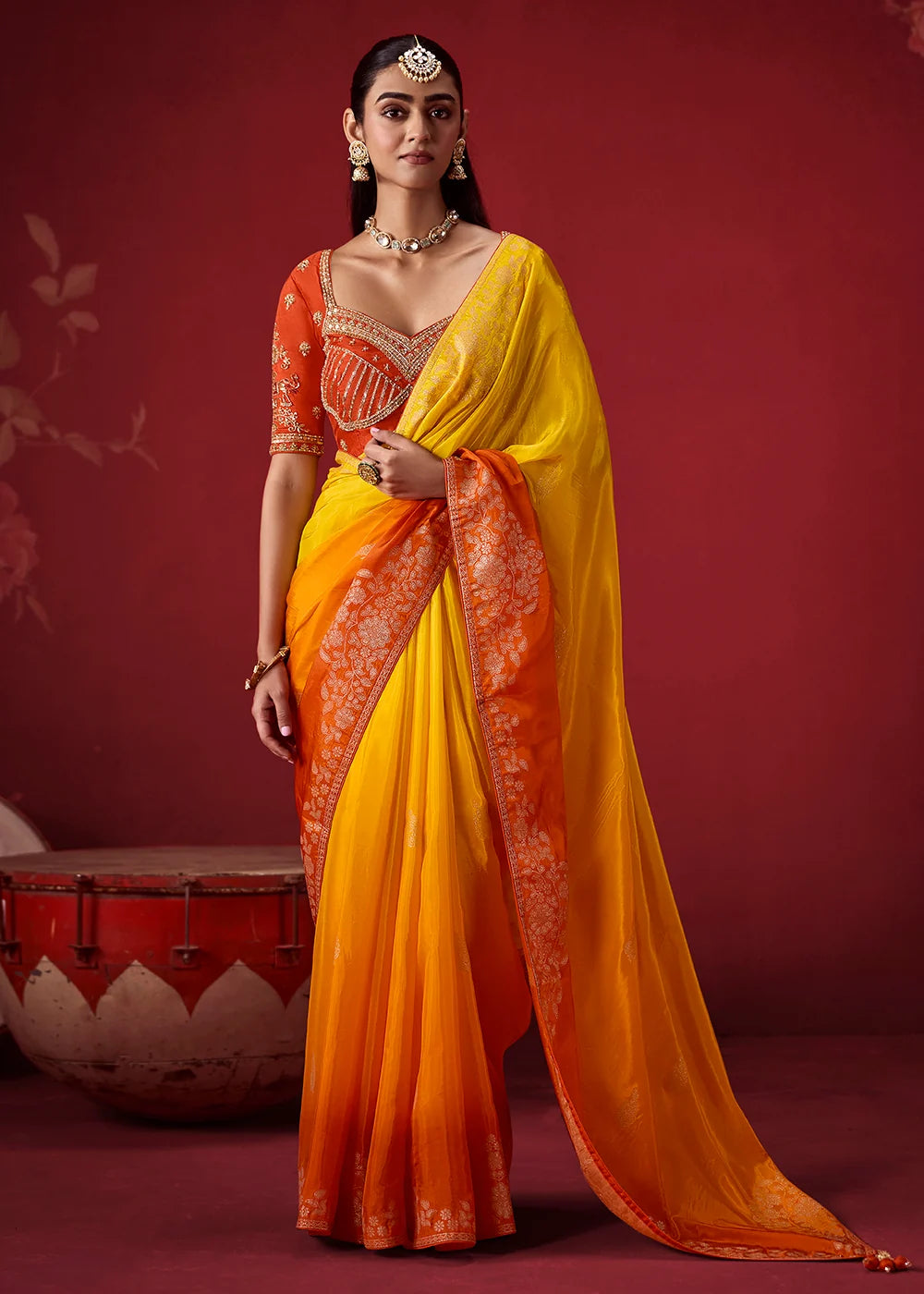 Yellow &amp; Orange Dola Crape Soft Silk Saree with Zari Weaving