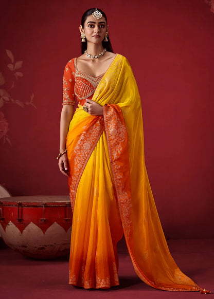 Yellow &amp; Orange Dola Crape Soft Silk Saree with Zari Weaving