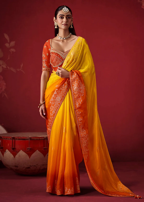 Yellow & Orange Dola Crape Soft Silk Saree with Zari Weaving