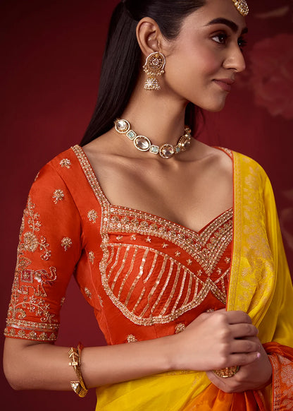 Yellow &amp; Orange Dola Crape Soft Silk Saree with Zari Weaving