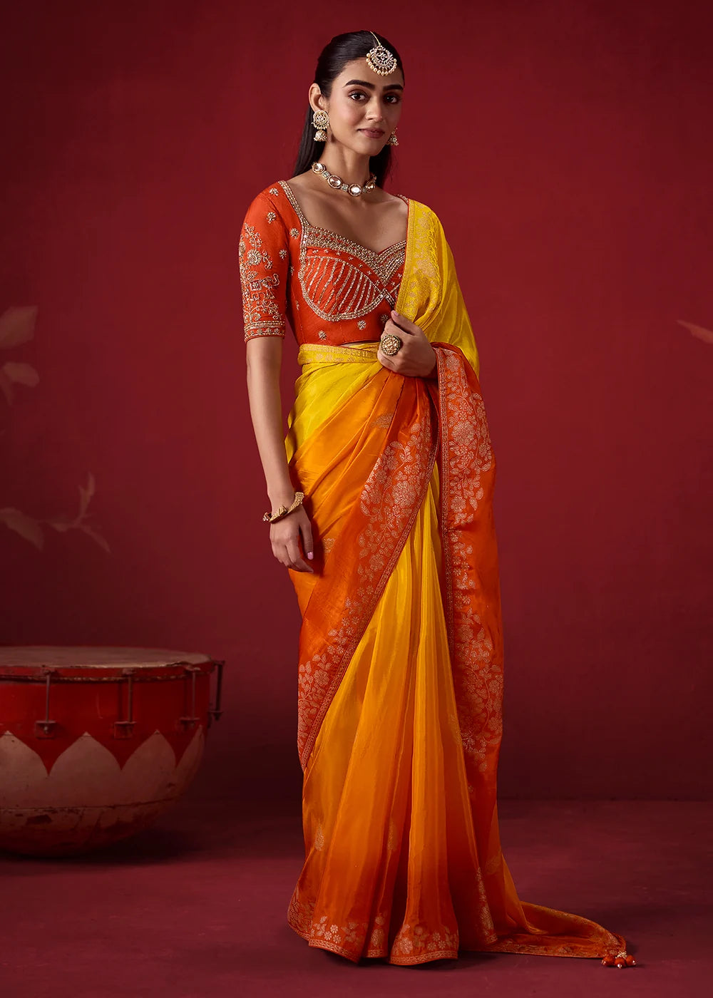 Yellow &amp; Orange Dola Crape Soft Silk Saree with Zari Weaving
