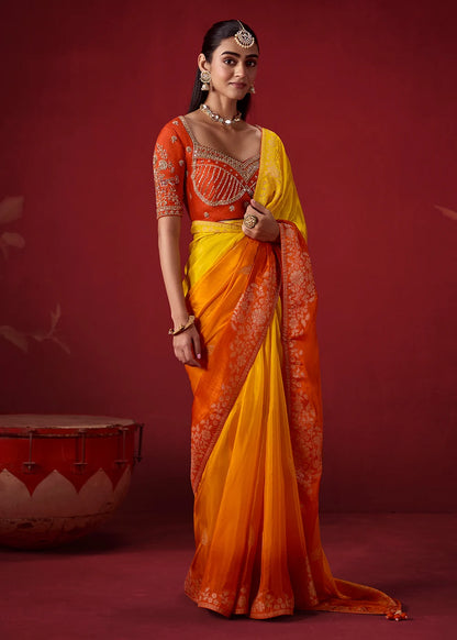 Yellow &amp; Orange Dola Crape Soft Silk Saree with Zari Weaving