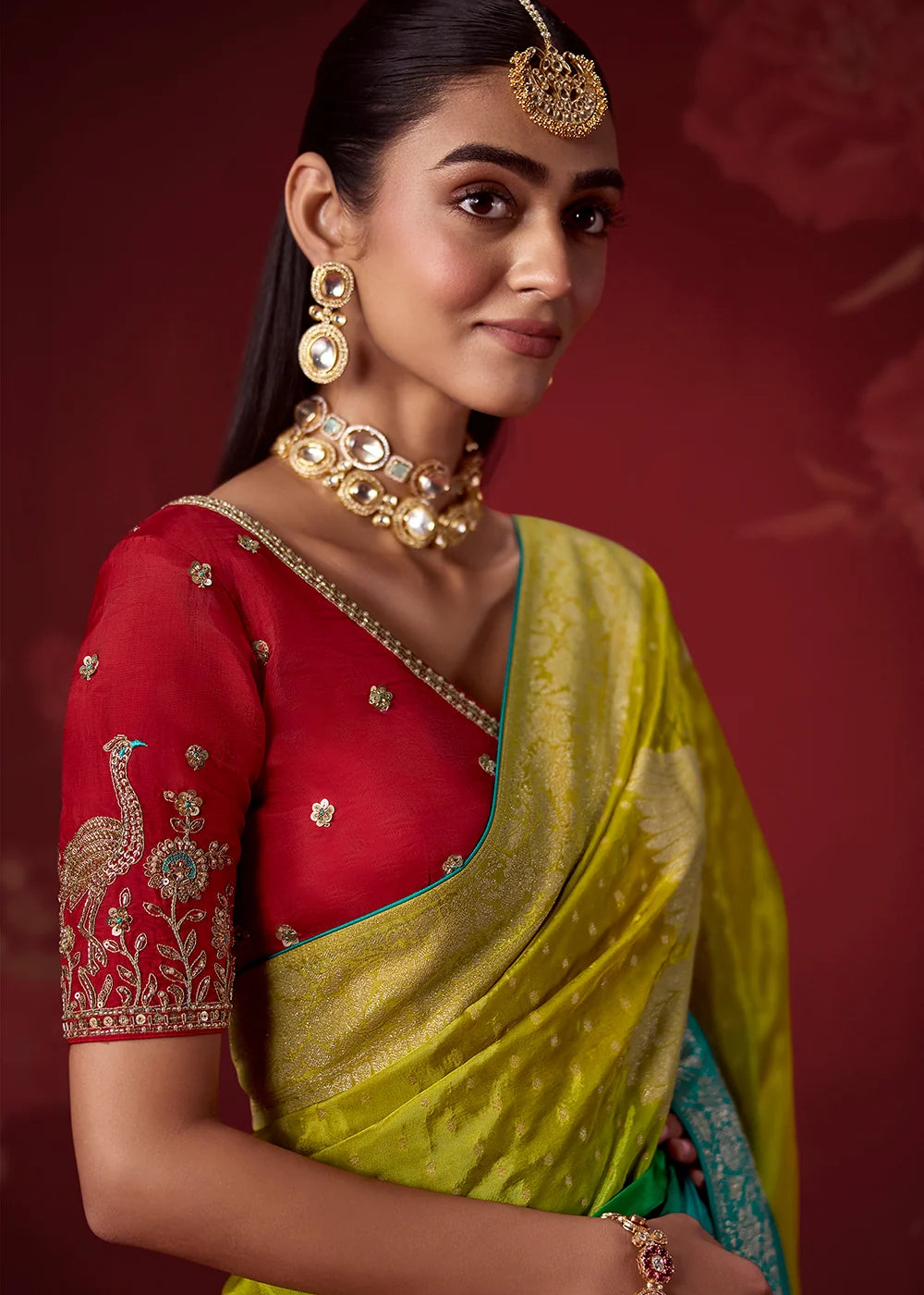 Lime Green &amp; Teal Dola Crape Soft Silk Saree with Zari Weaving