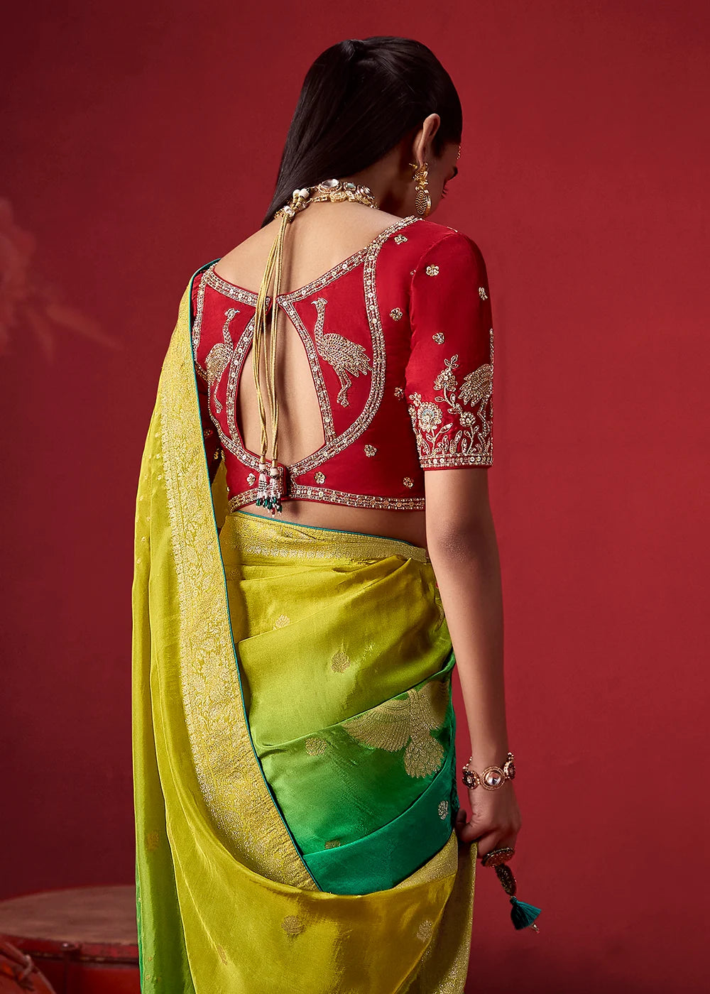 Lime Green &amp; Teal Dola Crape Soft Silk Saree with Zari Weaving