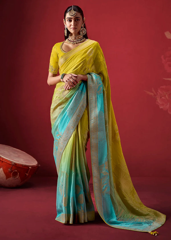 Lime Yellow & Aqua Dola Crape Soft Silk Saree with Zari Weaving