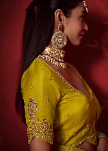 Lime Yellow &amp; Aqua Dola Crape Soft Silk Saree with Zari Weaving