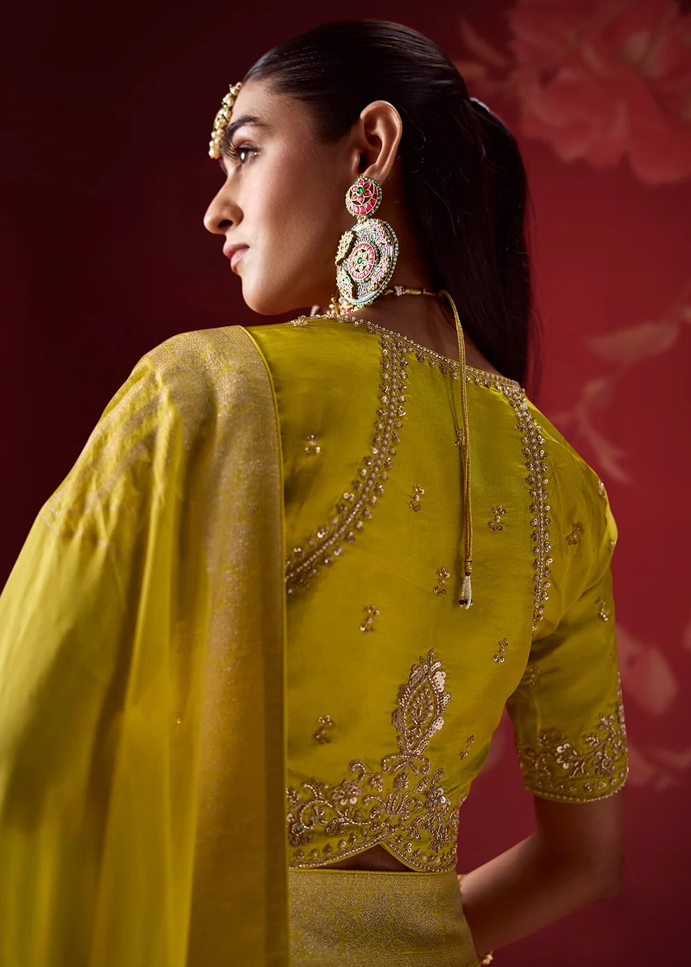 Lime Yellow &amp; Aqua Dola Crape Soft Silk Saree with Zari Weaving