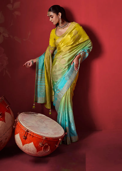 Lime Yellow &amp; Aqua Dola Crape Soft Silk Saree with Zari Weaving