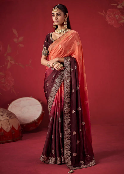 Burgundy &amp; Peach Dola Crape Soft Silk Saree with Zari Weaving