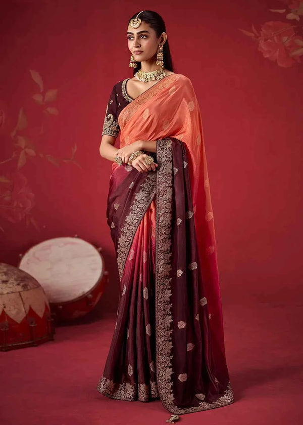 Burgundy & Peach Dola Crape Soft Silk Saree with Zari Weaving