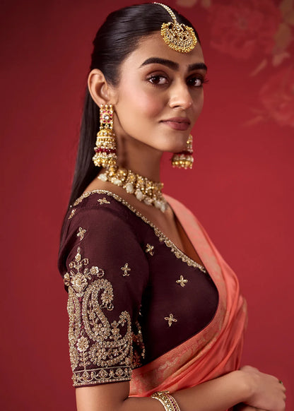 Burgundy &amp; Peach Dola Crape Soft Silk Saree with Zari Weaving