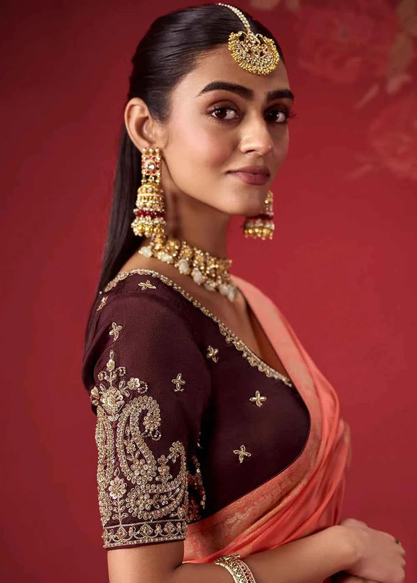 Burgundy & Peach Dola Crape Soft Silk Saree with Zari Weaving