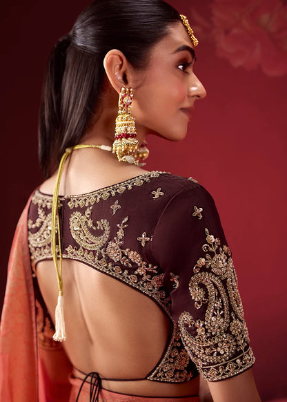 Burgundy &amp; Peach Dola Crape Soft Silk Saree with Zari Weaving