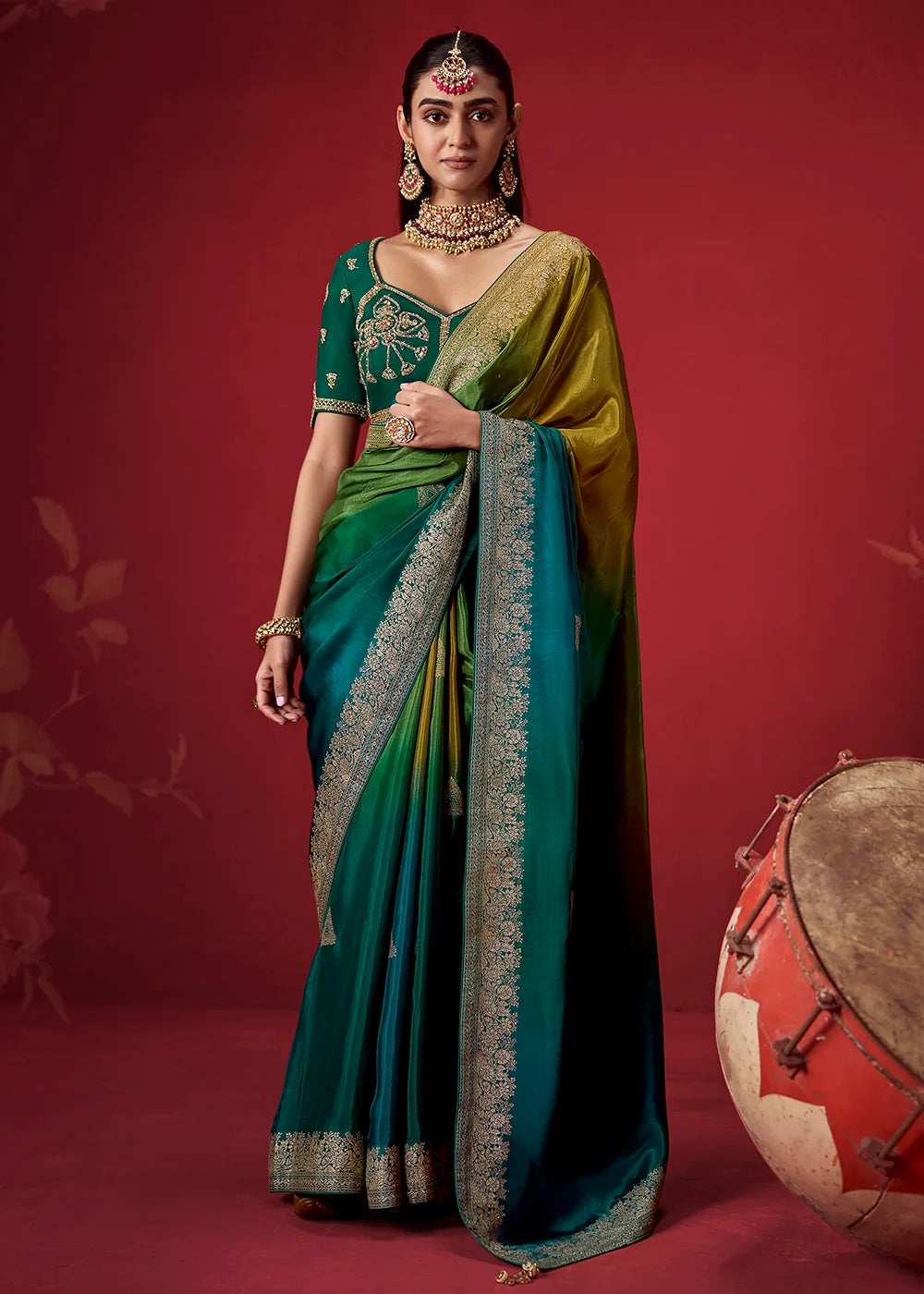 Dark Green &amp; Teal Dola Crape Soft Silk Saree with Zari Weaving