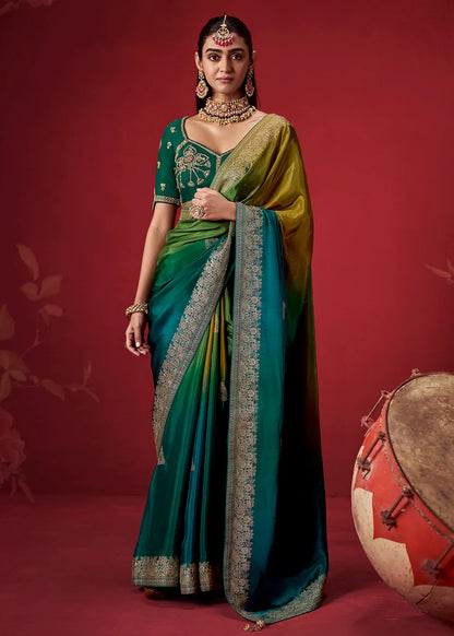 Dark Green &amp; Teal Dola Crape Soft Silk Saree with Zari Weaving