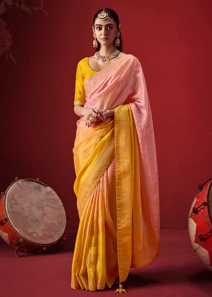 Yellow &amp; Peach Dola Crape Soft Silk Saree with Zari Weaving