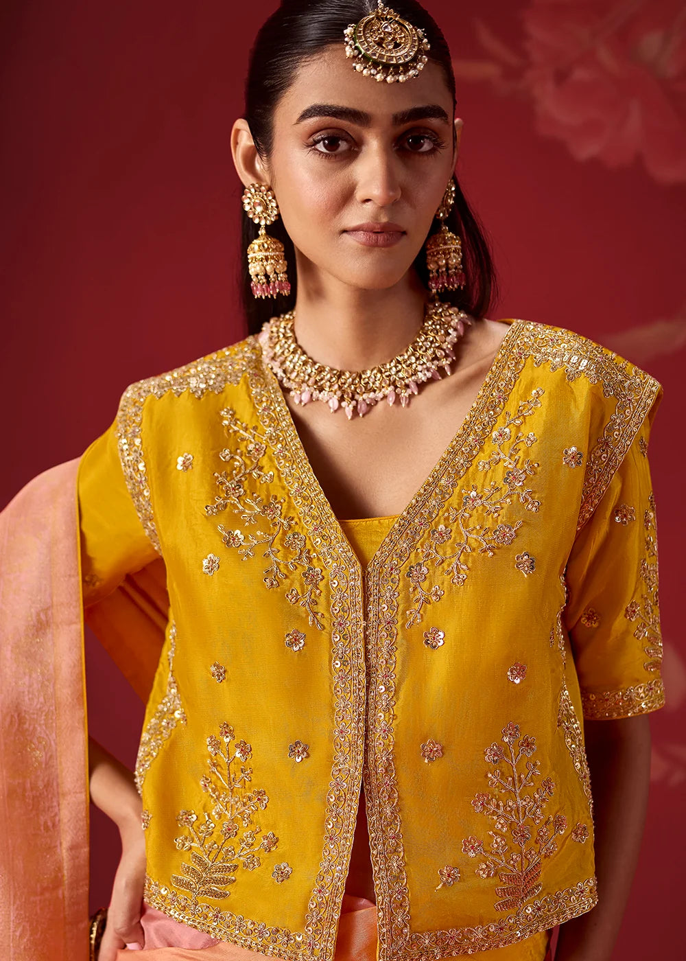Yellow &amp; Peach Dola Crape Soft Silk Saree with Zari Weaving