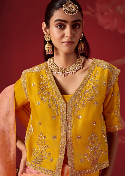 Yellow &amp; Peach Dola Crape Soft Silk Saree with Zari Weaving