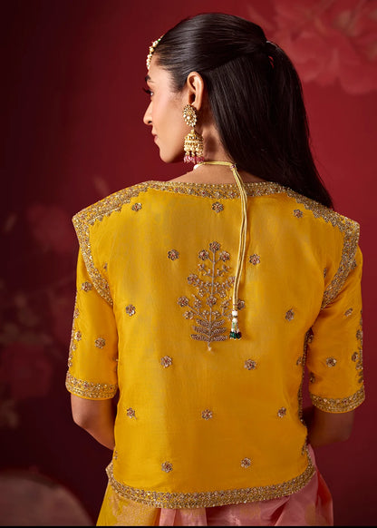 Yellow &amp; Peach Dola Crape Soft Silk Saree with Zari Weaving