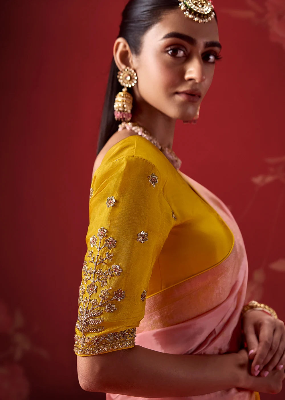 Yellow &amp; Peach Dola Crape Soft Silk Saree with Zari Weaving