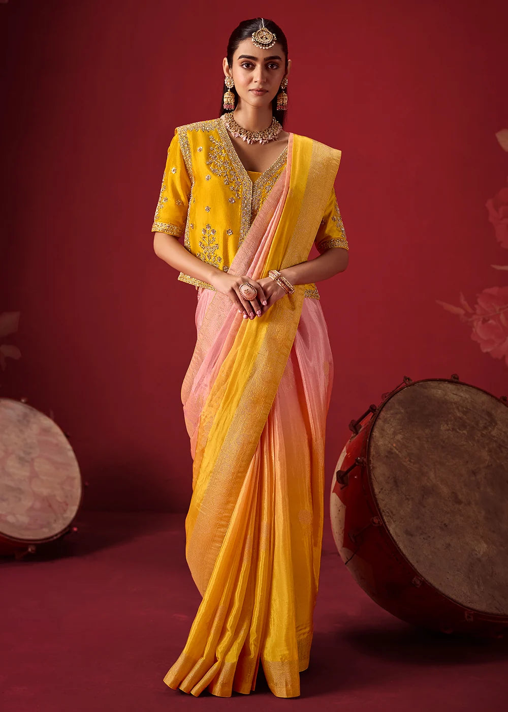 Yellow &amp; Peach Dola Crape Soft Silk Saree with Zari Weaving