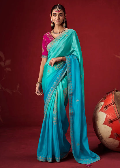 Turquoise Blue Dola Crape Soft Silk Saree with Zari Weaving
