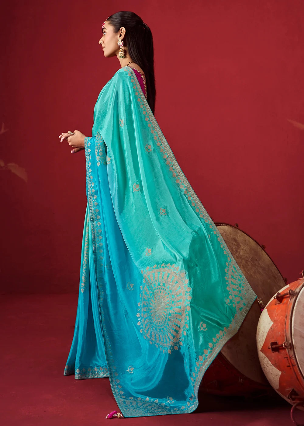 Turquoise Blue Dola Crape Soft Silk Saree with Zari Weaving