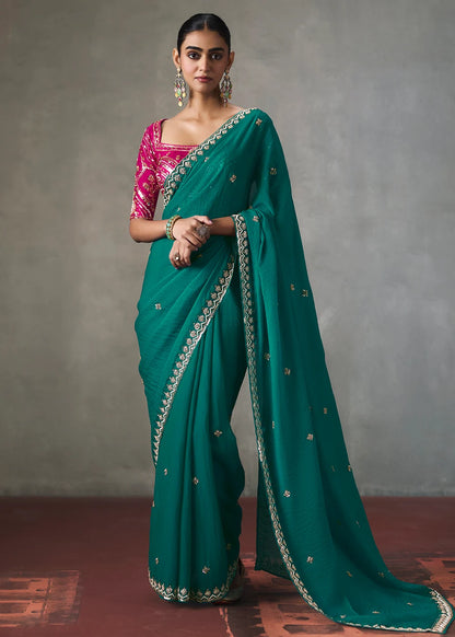 Teal Green Silk Blend Saree with Beads &amp; Cutdana Work &amp; Contrast Blouse