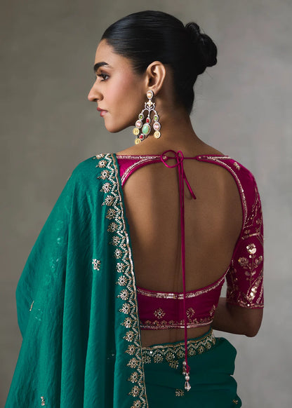 Teal Green Silk Blend Saree with Beads &amp; Cutdana Work &amp; Contrast Blouse