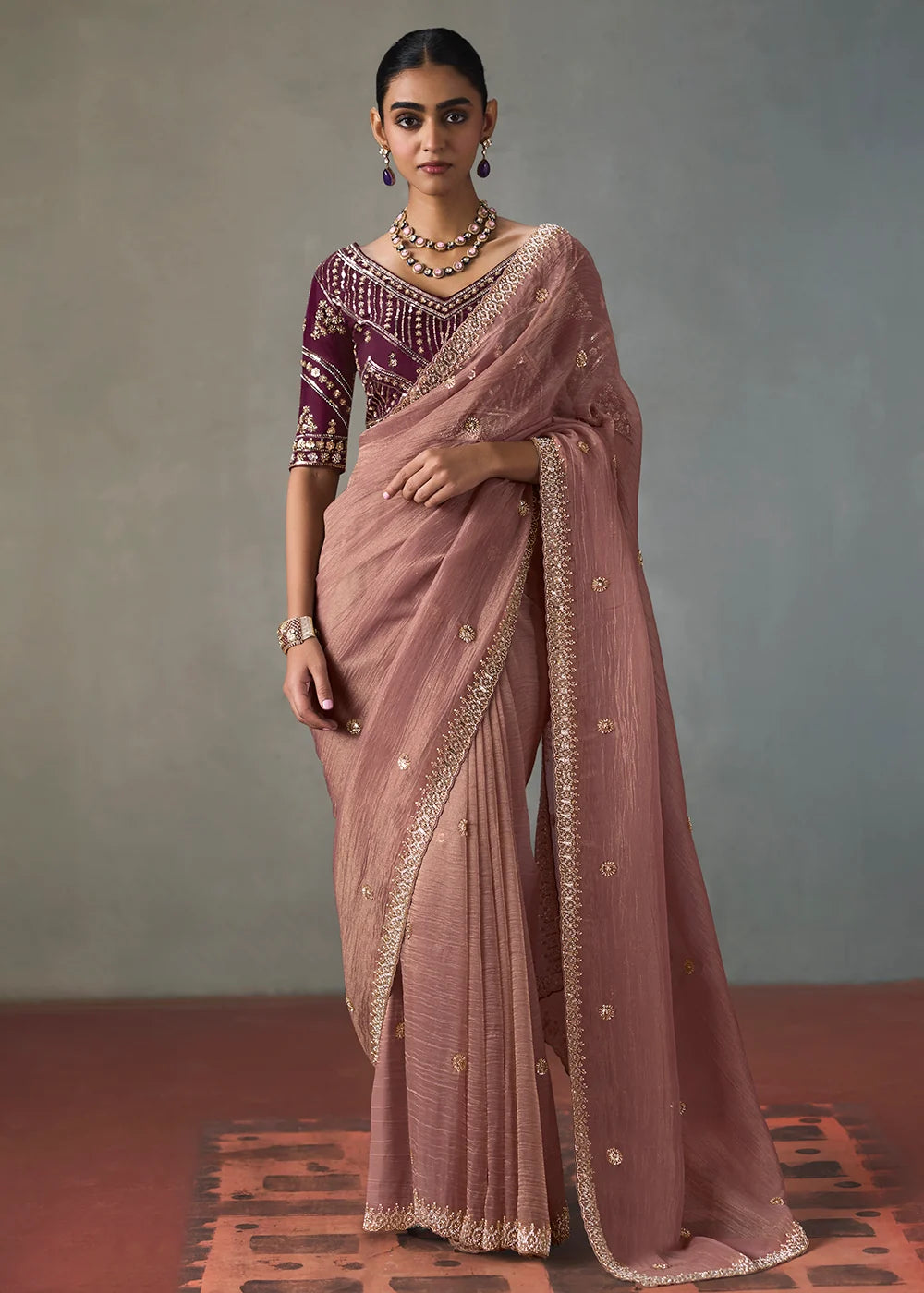 Dusty Rose Silk Blend Saree with Beads &amp; Cutdana Work